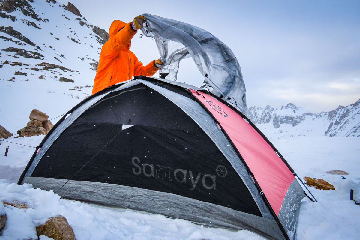 A climber testing the Samaya 2.0 in the mountains