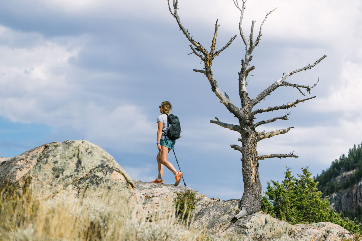 A woman hiking in waterproof hiking shoes