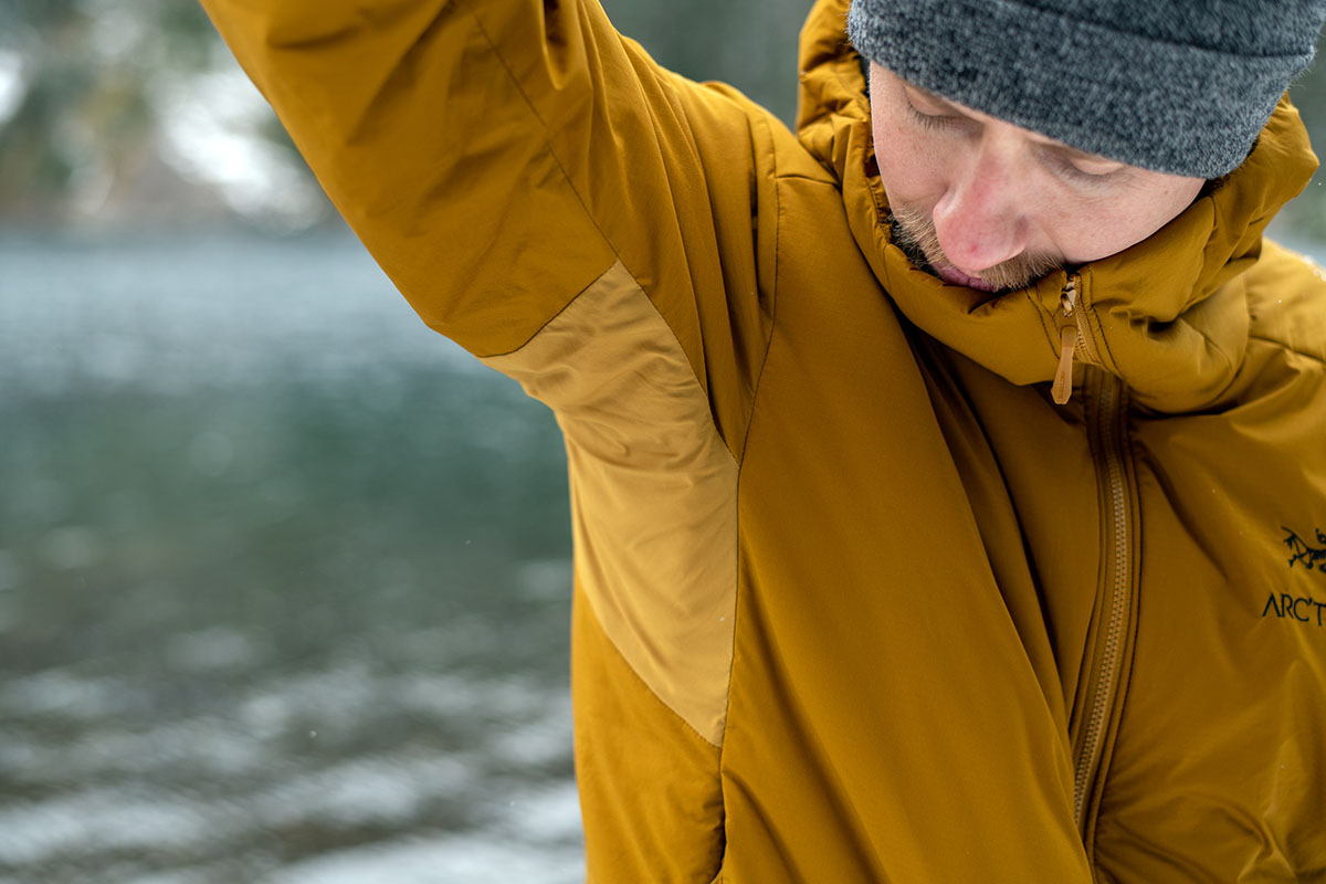 A closeup of underarm panels on a jacket