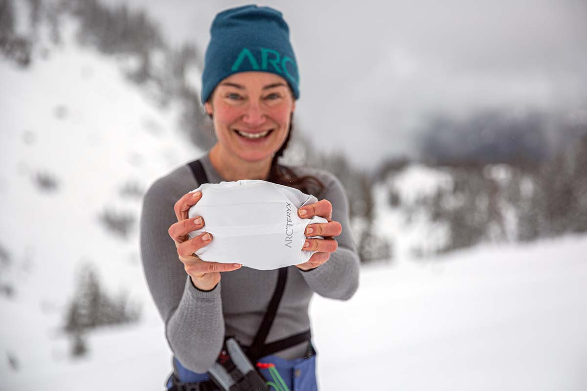 A synthetic jacket packed down small