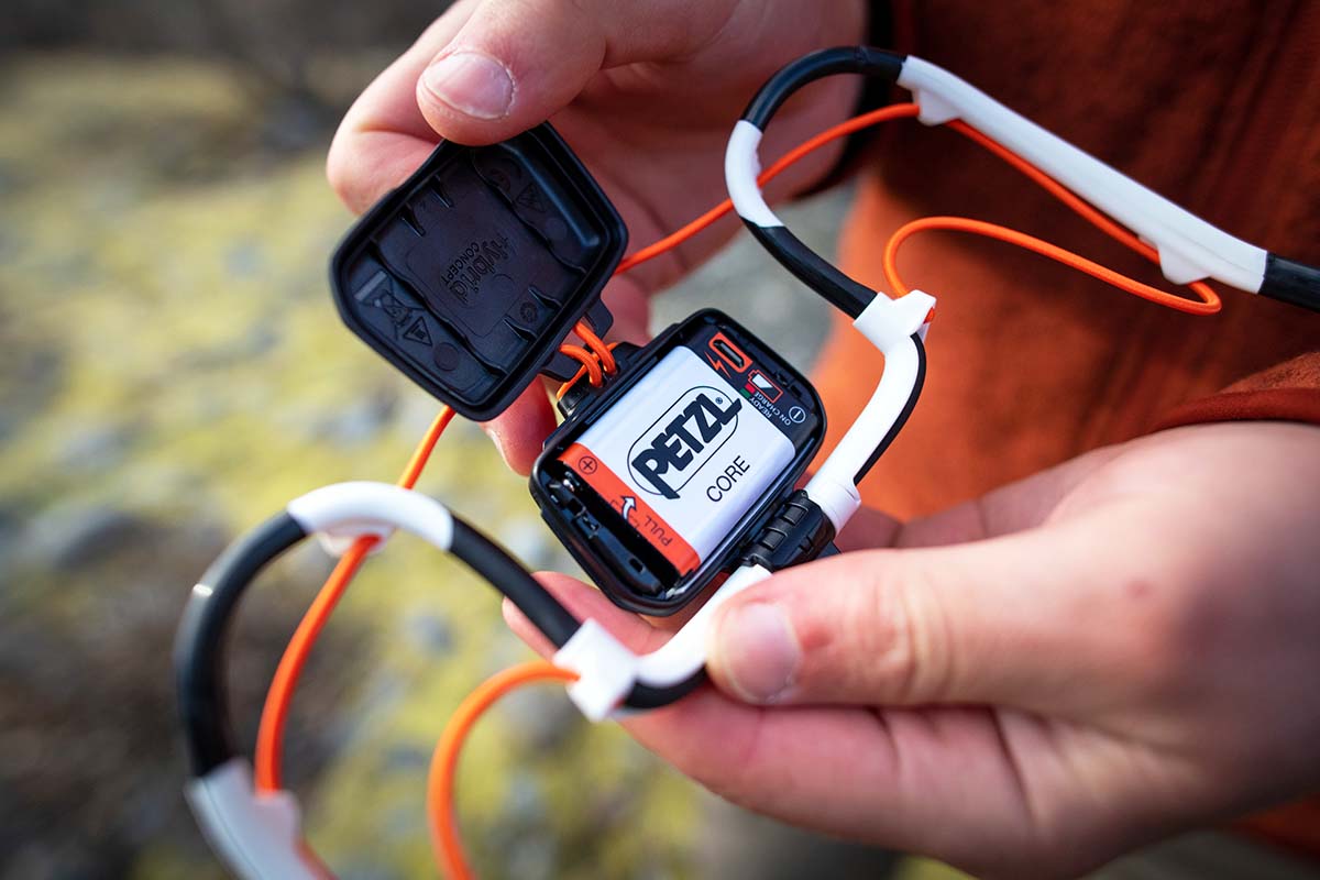 Closeup of a battery pack in a headlamp