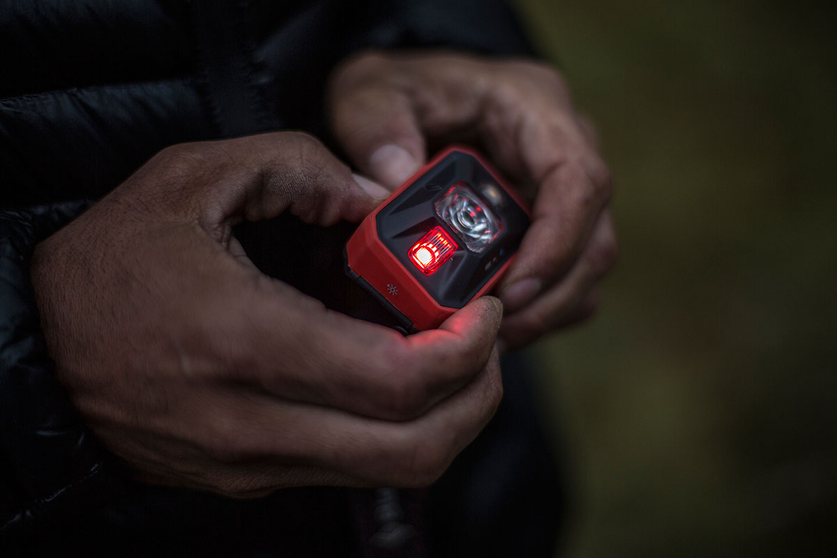 Closeup of a headlamp's red light