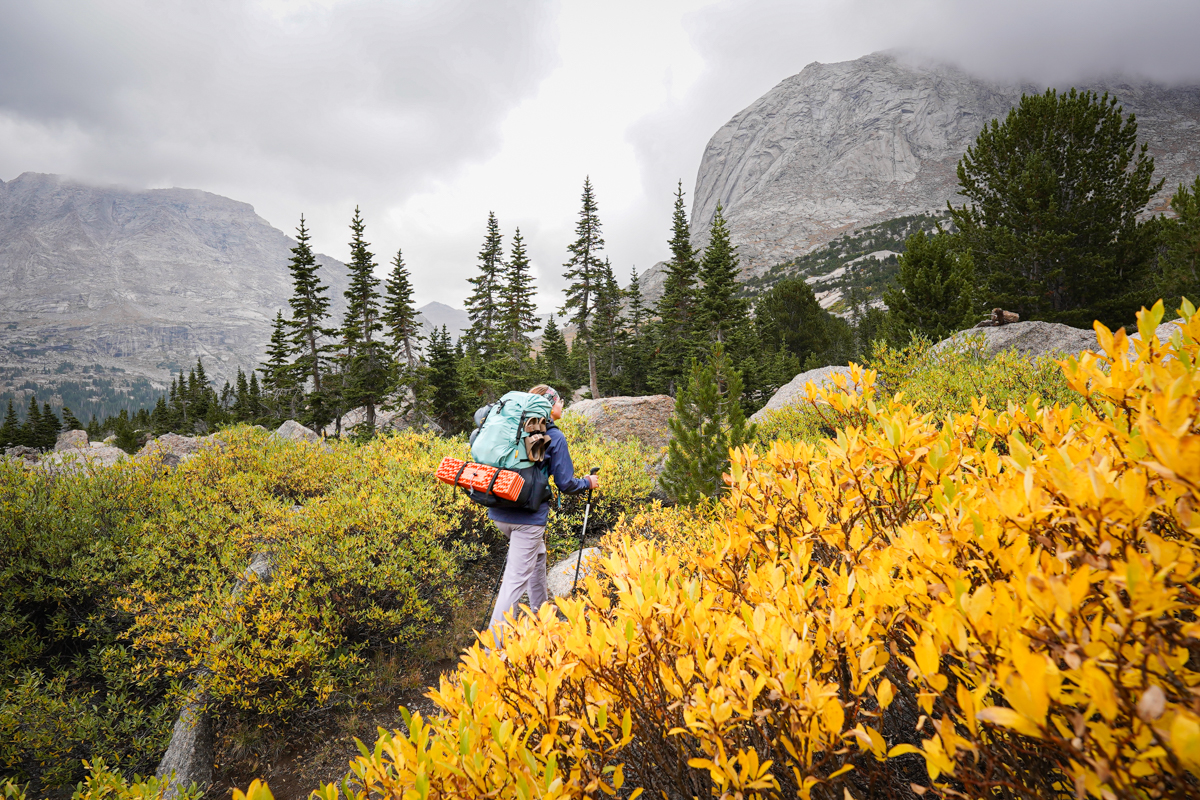 A hiker makes way in the rain.