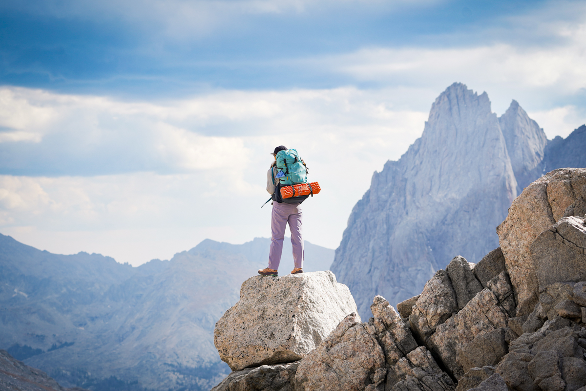 A backpacker looks out over a grand vista.
