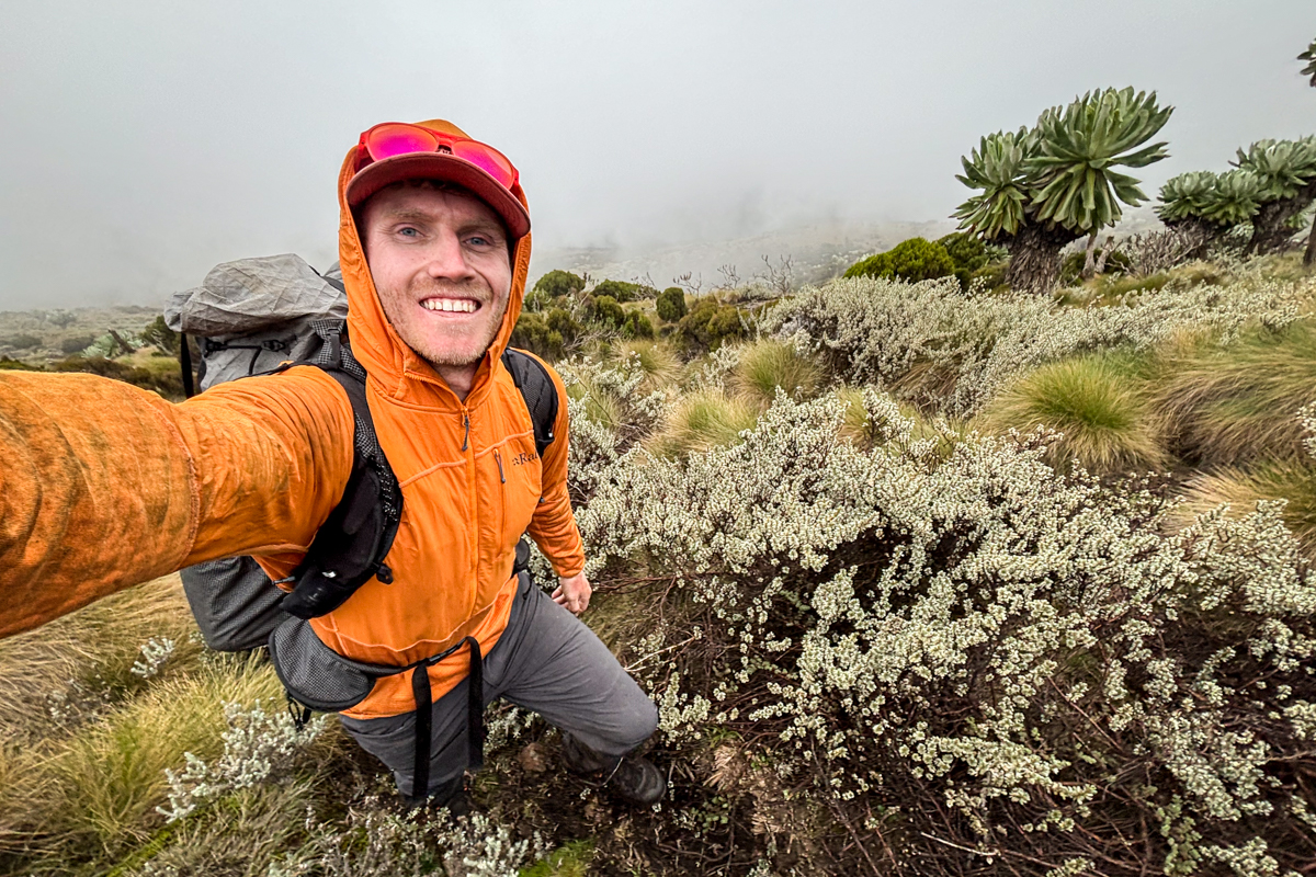 A man wearing hiking boots while backpacking in Kenya