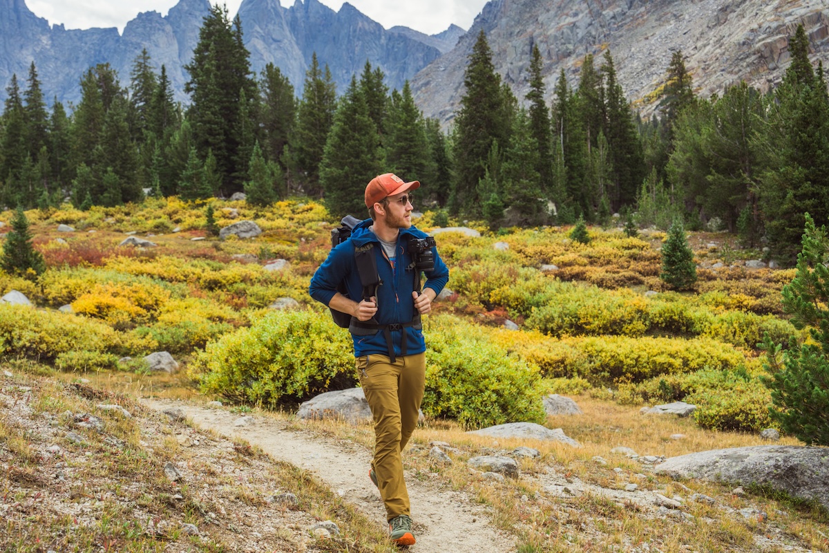 A man hiking in Wyoming in Altra's Lone Peaks