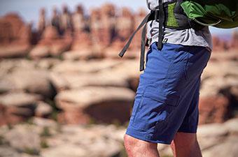 A closeup of the prAna Stretch Zion shorts while hiking in Utah