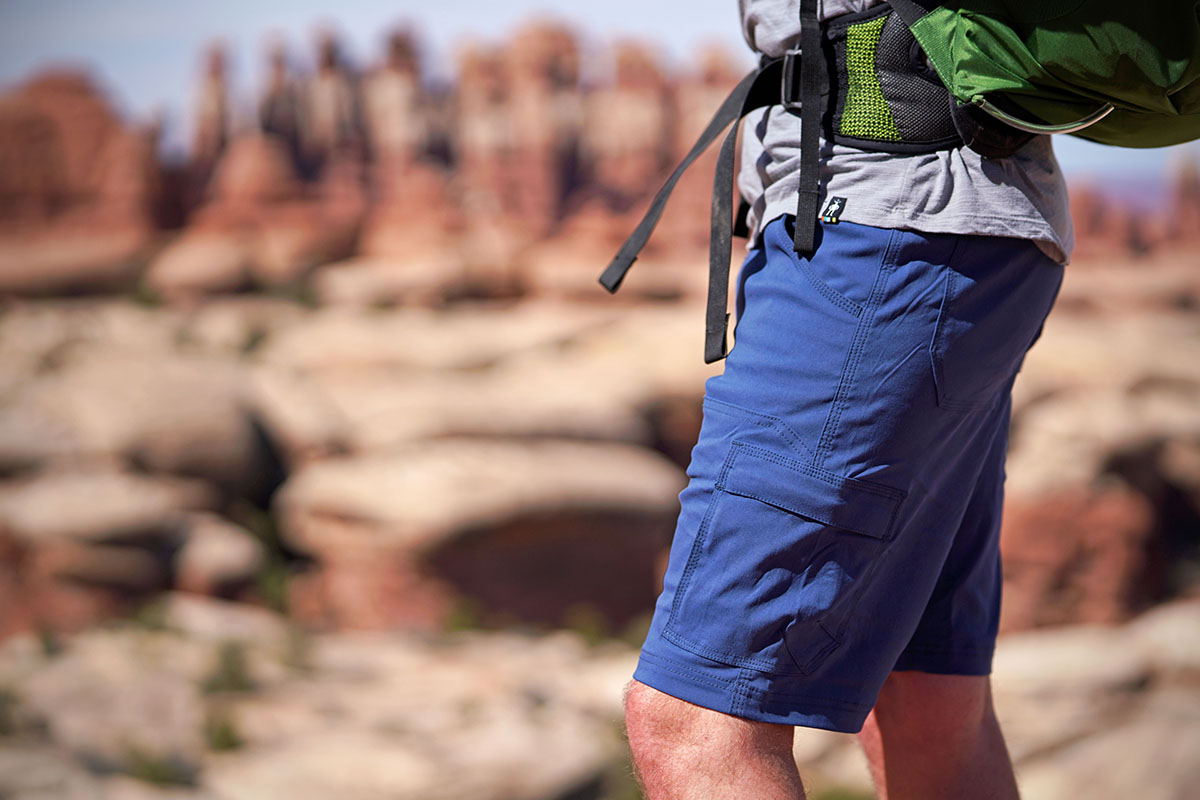 A closeup of the prAna Stretch Zion shorts while hiking in Utah