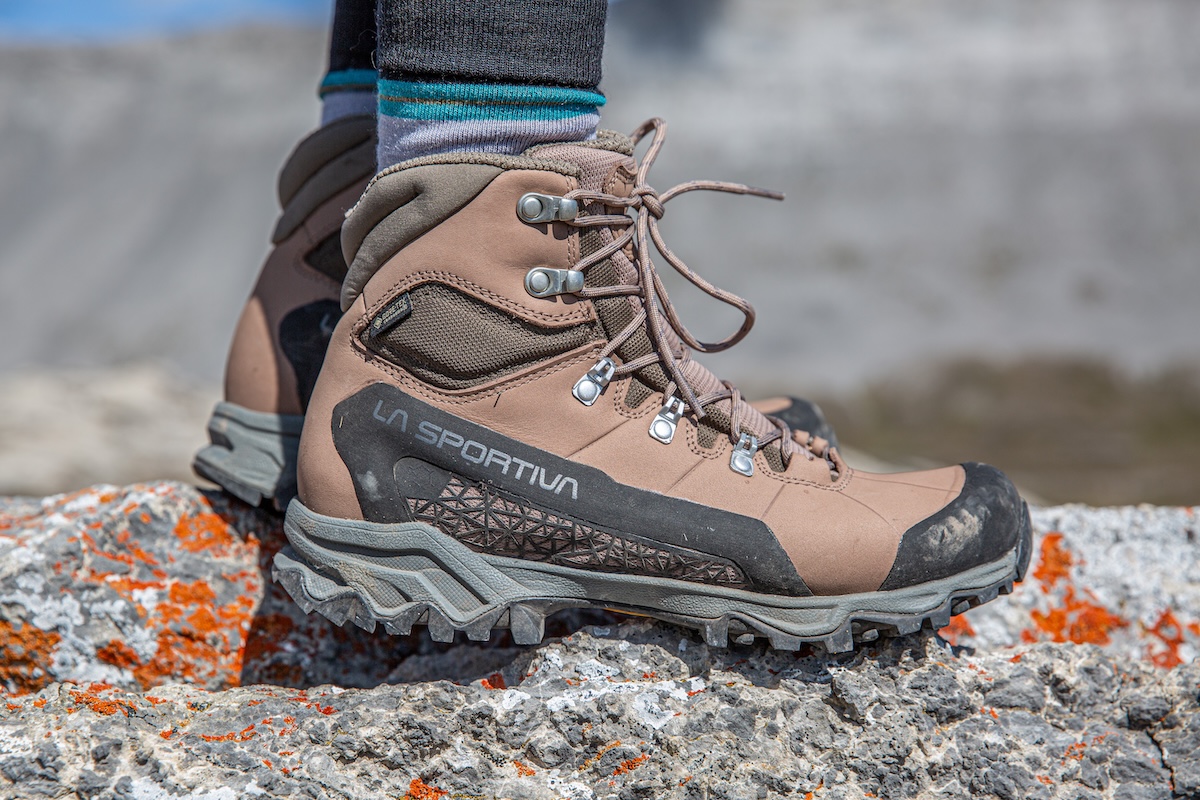 A closeup photo of the lacing system of hiking boots
