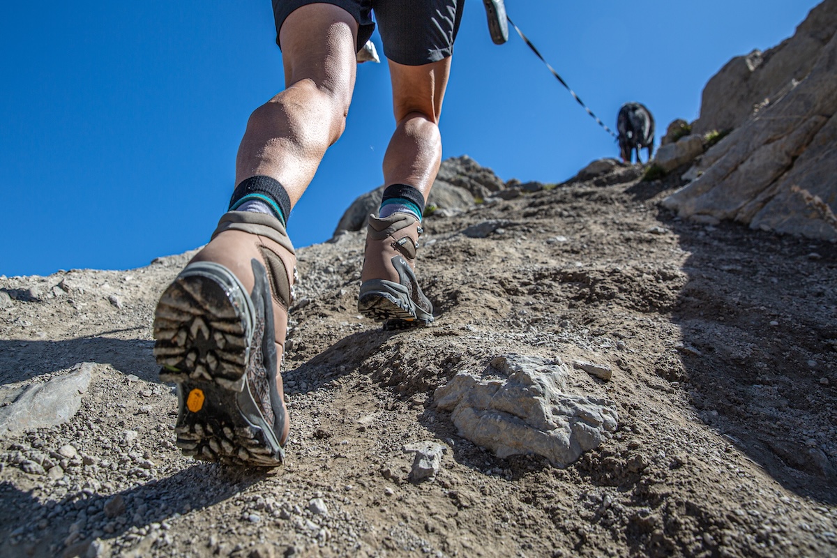 A closeup shot of hiking boot tread