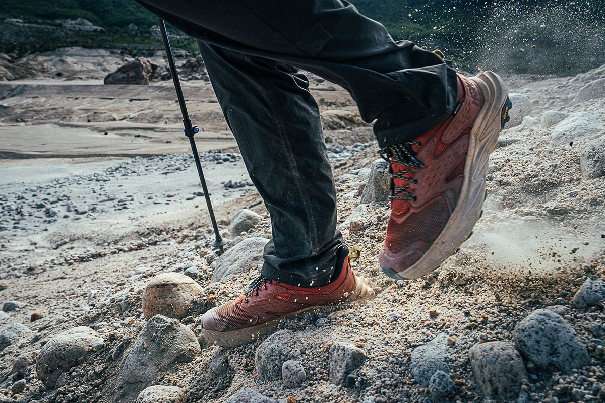 Close up of a waterproof hiking shoe in dirt