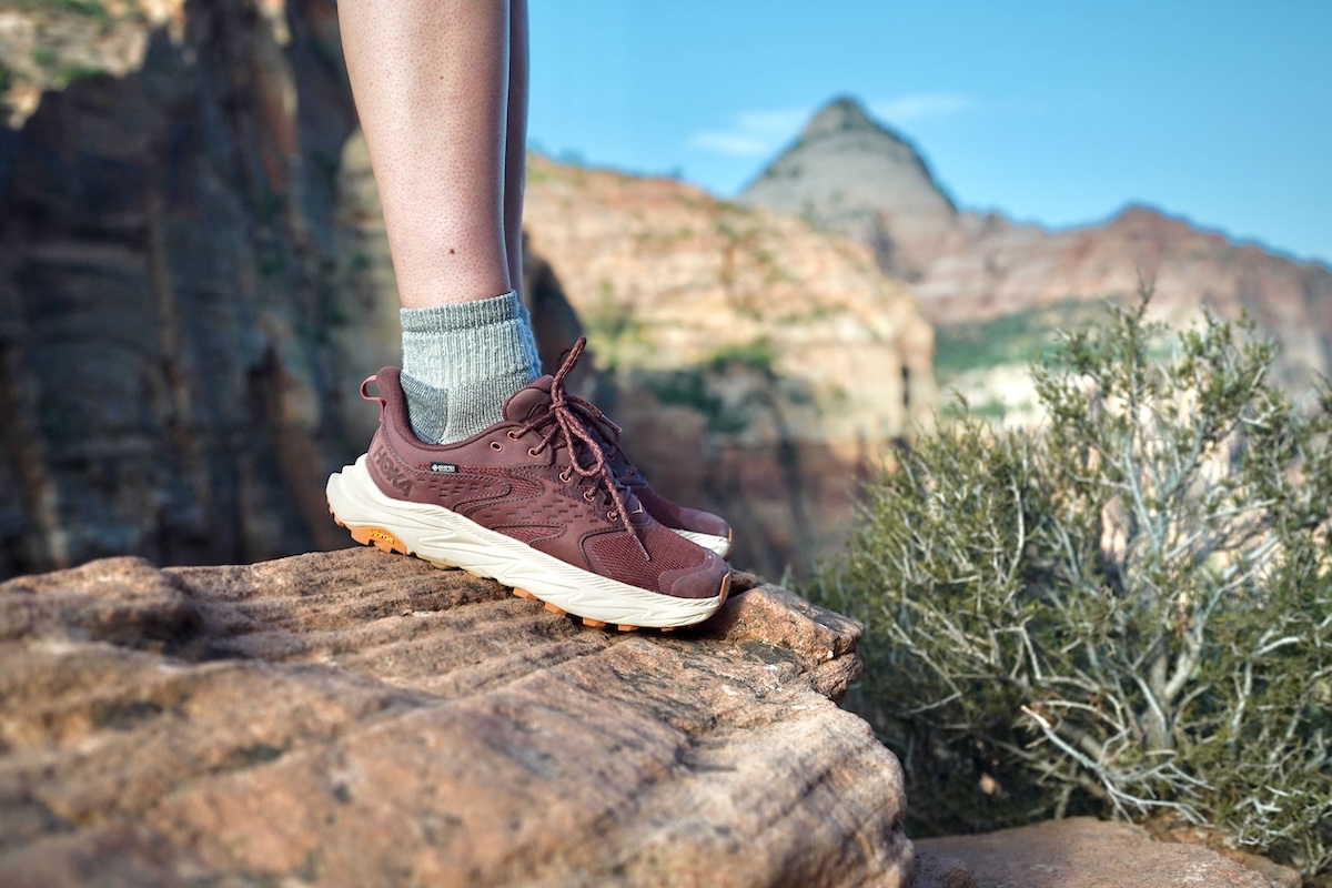 A waterproof hiking shoe on a rock
