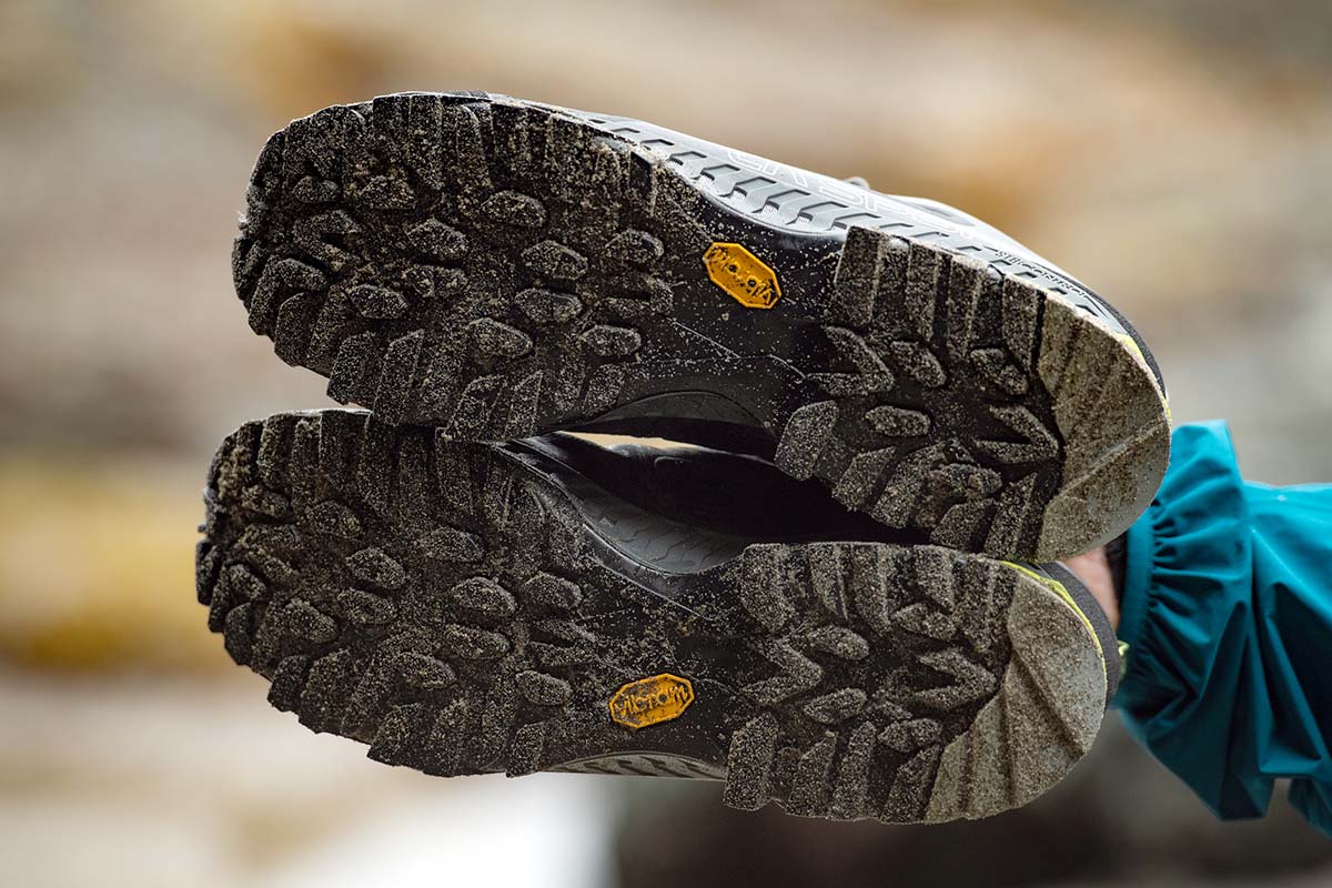 Showing off the tread on a pair of waterproof hiking shoes