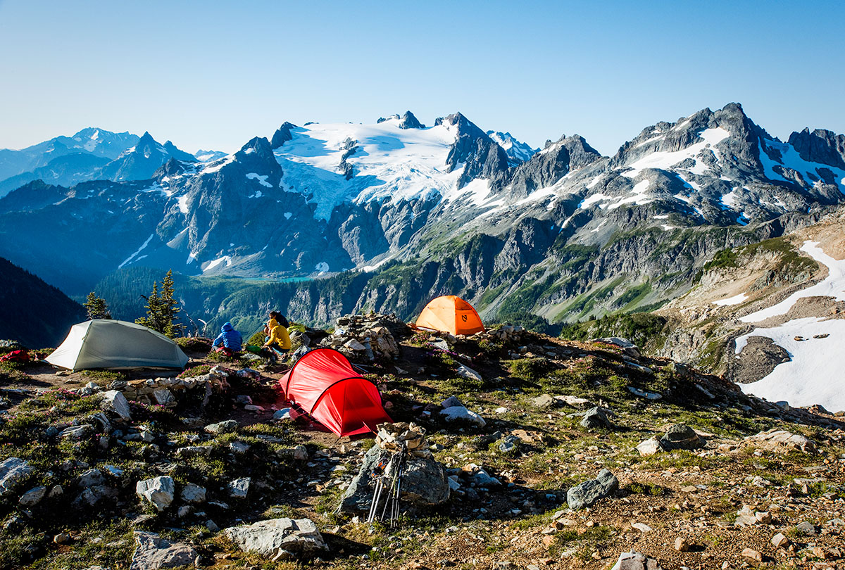 Lightweight 4-season tents in front of mountains