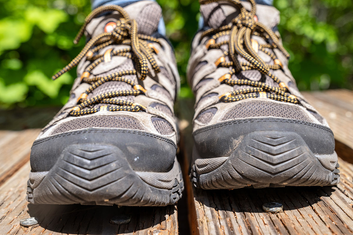 A closeup shot of the toe protection on the Merrell Moab 3 shoes