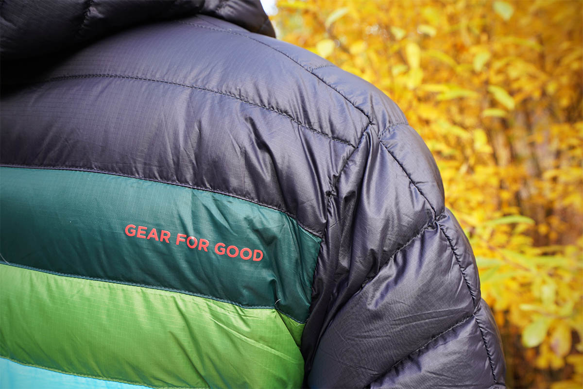 A closeup of the Gear For Good tagline on a Cotopaxi jacket.