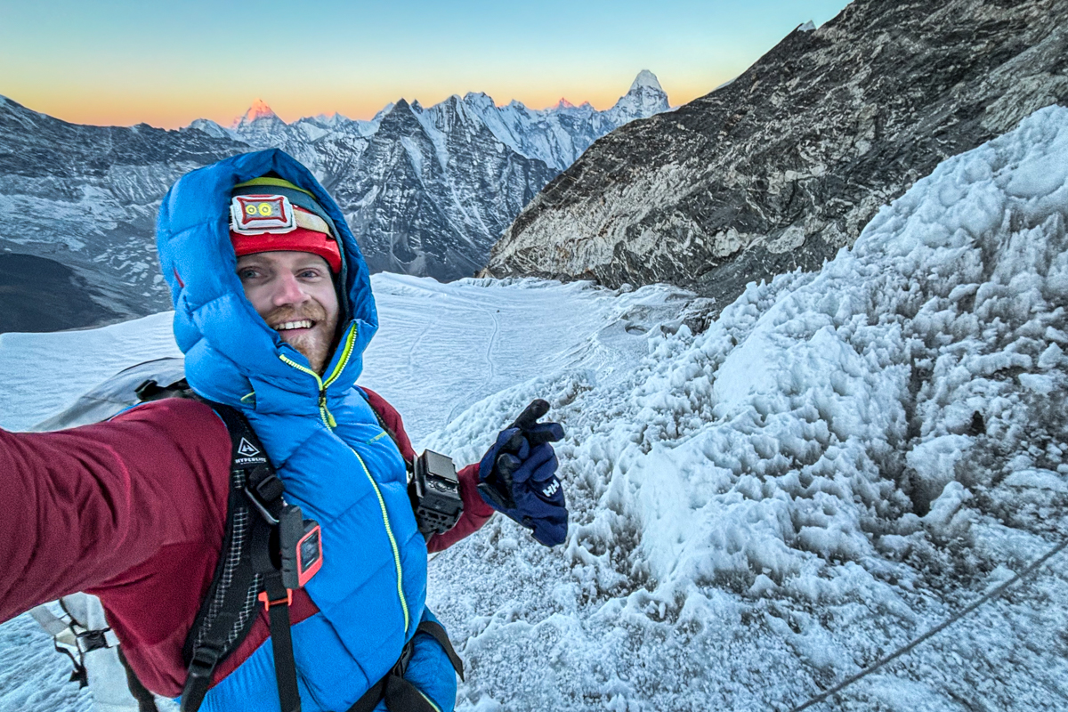 The author climbing in Nepal with the InReach Mini 2