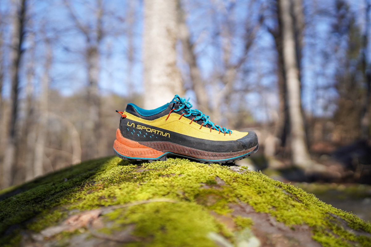 an approach hiking shoe on a rock