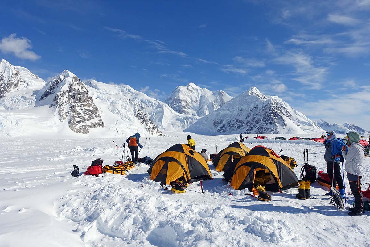 A group of black and yellow tents set up at basecamp for Denali