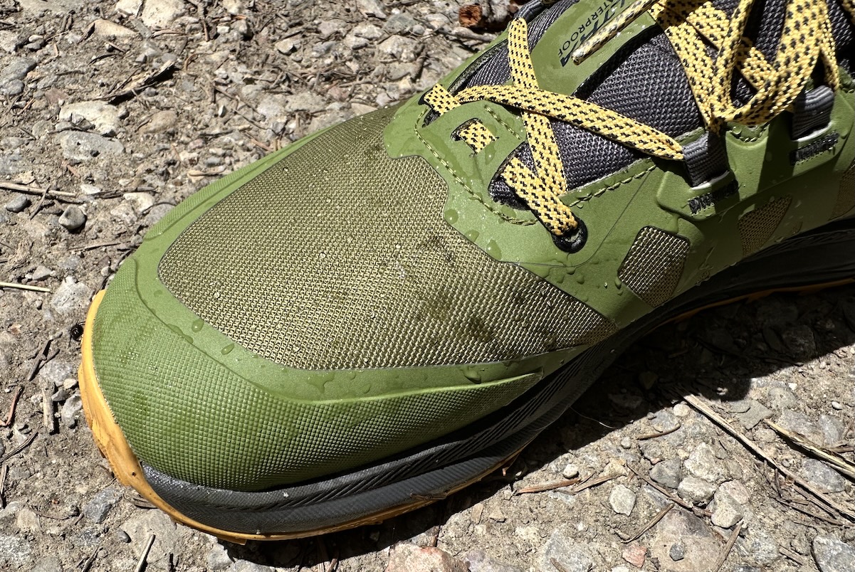 water beading on the upper materials of a waterproof hiking shoe
