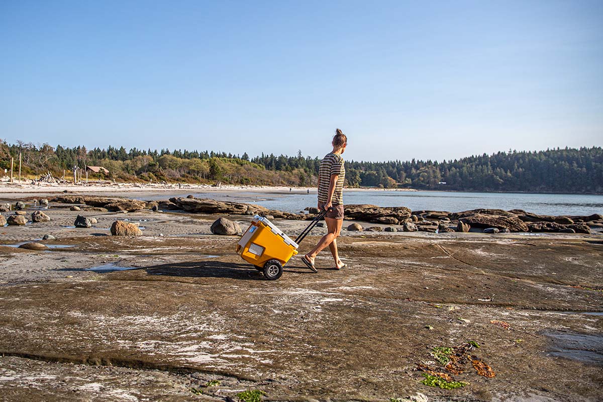 A woman wheeling a cooler over the beach